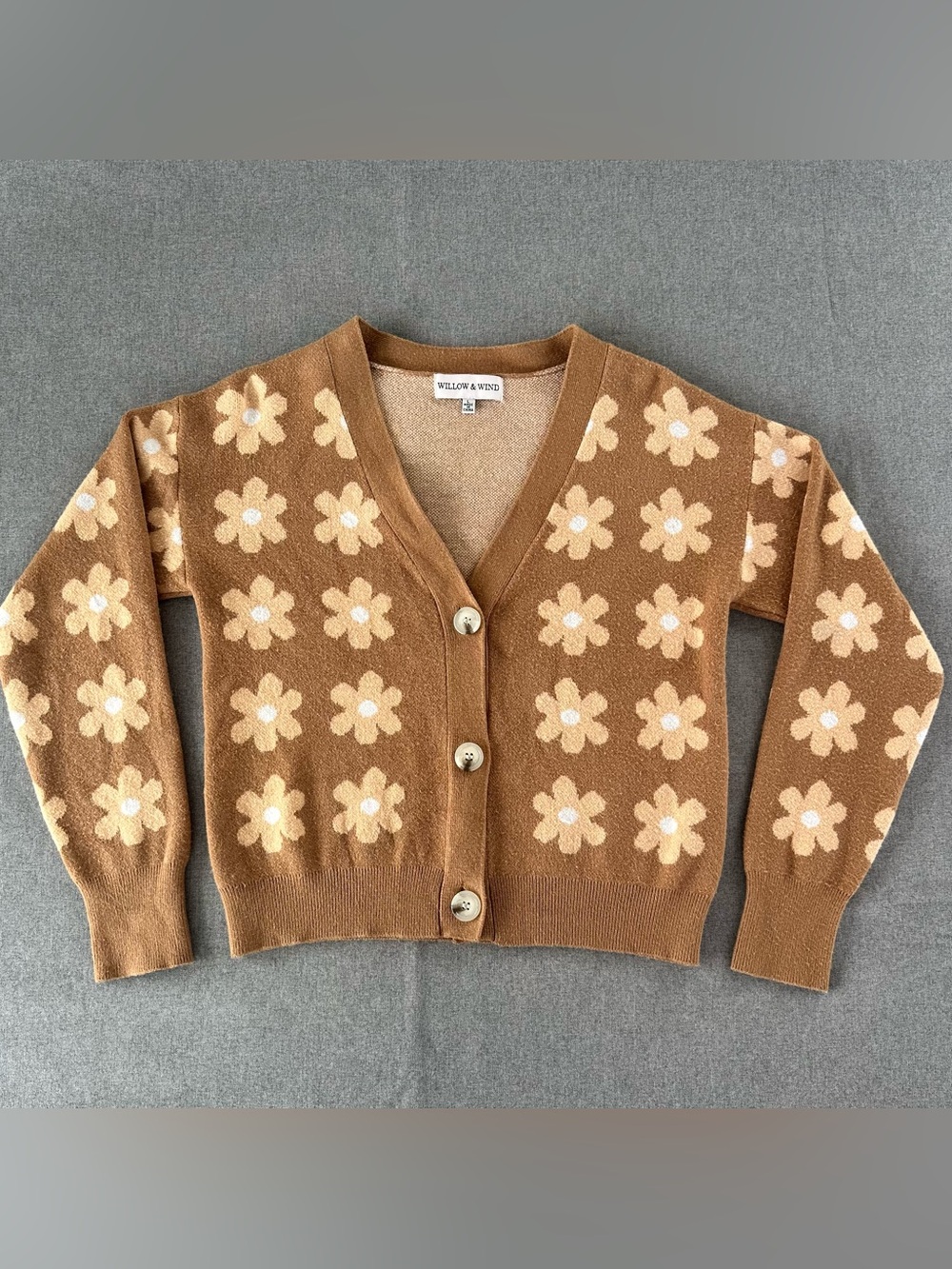 Willow & Wind Daisy Floral Cardigan Women’s Large Brown Cream Cottagecore